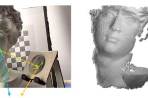 Laboratory experiment demonstrating the proof of principle of the new technology. A mixed reflectance scene is scanned with a laser scanner (left). After computational separation of matte and specular scene parts, the 3D shape of the matte parts is evaluated directly, and the specular parts are evaluated via the reflection signal from the matte parts, effectively turning them into a large virtual screen for the specular measurement (right).