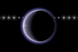 Artist’s conception of this research showing an imagined time sequence as a star passes behind a TNO with an atmosphere.
