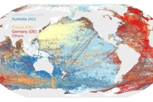 Geographical distribution of ocean temperature profile data from different nations from 2005 to 2023.