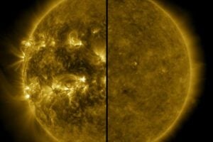 A split image showing an active Sun during solar maximum (on the left, taken in 2014) and a quiet Sun during solar minimum (on the right, taken in 2019).