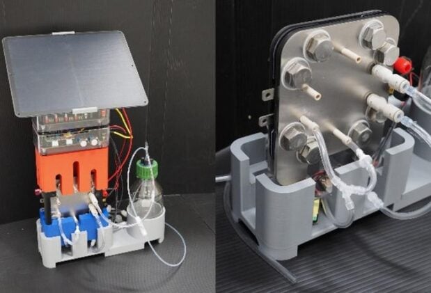 The artificial photosynthesis system produces formic acid from carbon dioxide and water. The right image shows the group’s unique electrolyzer.