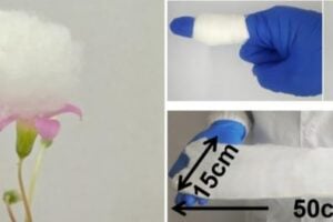 A new fluffy lightweight material was formed into cotton-like balls (left) and flat fabric swatches (right images).