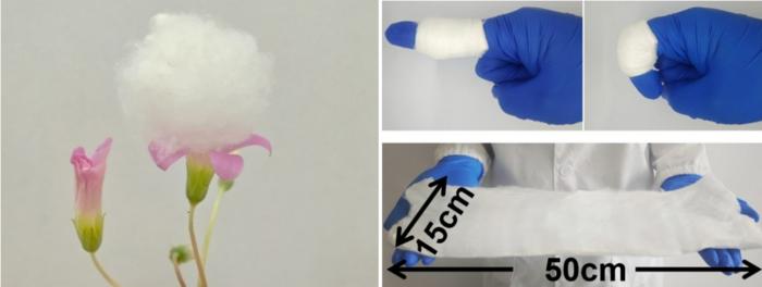 A new fluffy lightweight material was formed into cotton-like balls (left) and flat fabric swatches (right images).