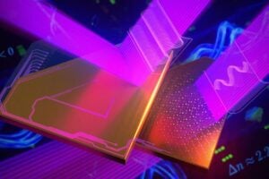 Artist’s illustration of MoOCl2, whose unusual optical response allows light to be steered very differently depending on direction. The study found one of the strongest reported light-bending effects for a natural material in the visible and near-infrared range.