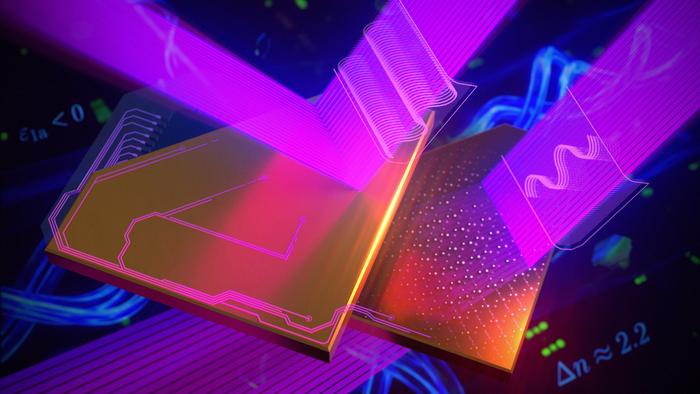 Artist’s illustration of MoOCl2, whose unusual optical response allows light to be steered very differently depending on direction. The study found one of the strongest reported light-bending effects for a natural material in the visible and near-infrared range.