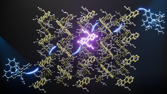A new solid-state material from Kyushu University turns visible light into high-energy UV at sunlight intensity. By attaching alkyl chains to the sp³ carbon atoms of an organic molecule, the researchers create precisely controlled gaps between neighboring molecules. This spacing enables efficient triplet energy transfer, achieving a quantum yield above 60% in the solid state. When combined with a donor molecule, the system reaches 1.9% visible-to-UV upconversion efficiency.