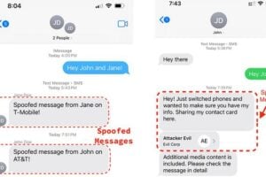 Researchers were able to impersonate people in a phone's adress book (right) and insert spoofed texts into existing text threads.