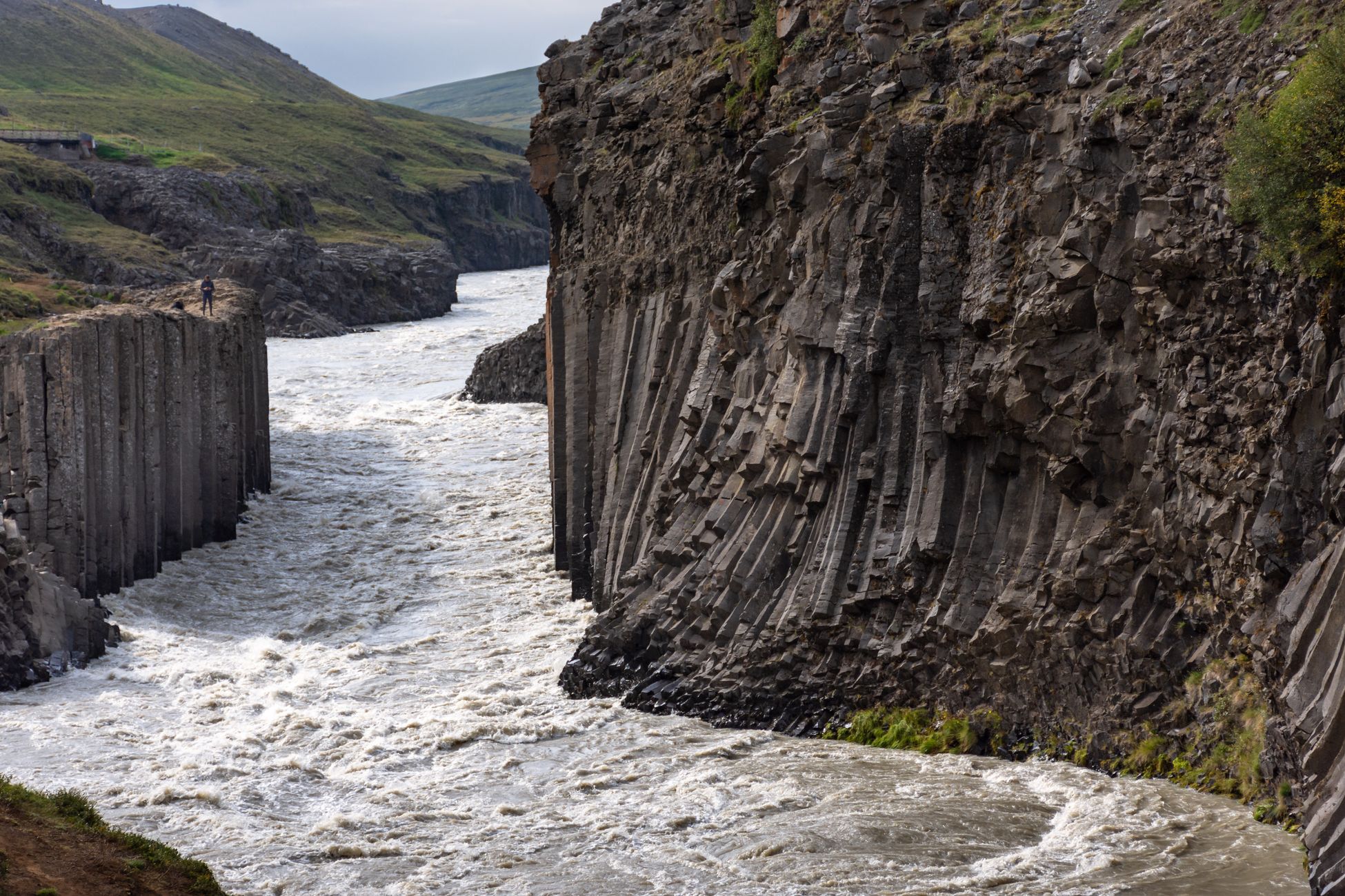 Stunning view of a river flowing through basalt columns in a scenic Icelandic canyon.