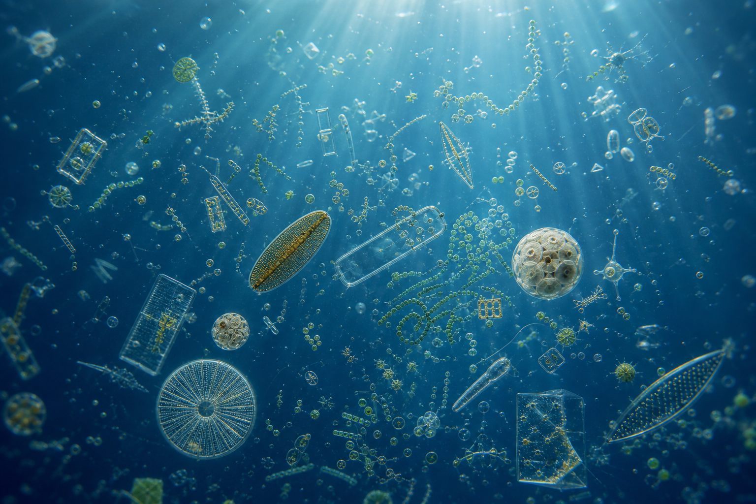A scientifically inspired view of microscopic phytoplankton suspended in sunlit blue ocean water