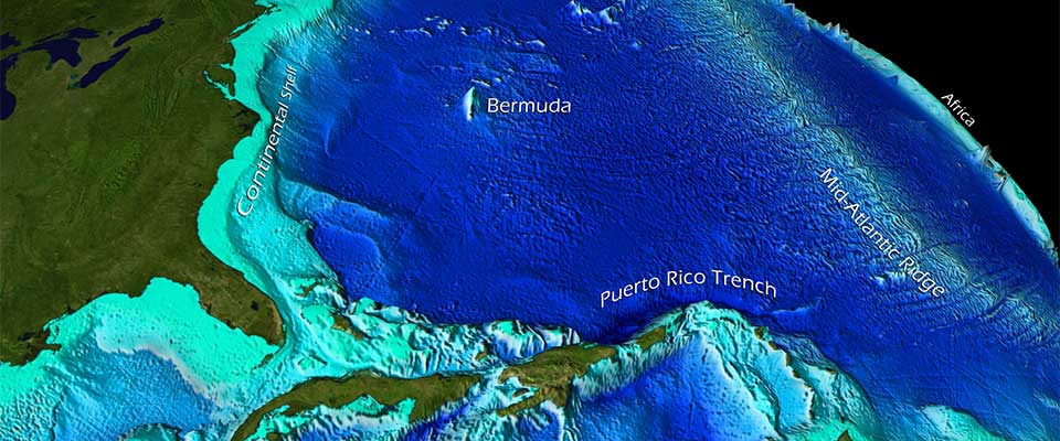 Bathymetric map showing the Mid-Atlantic Ridge beneath the Atlantic Ocean