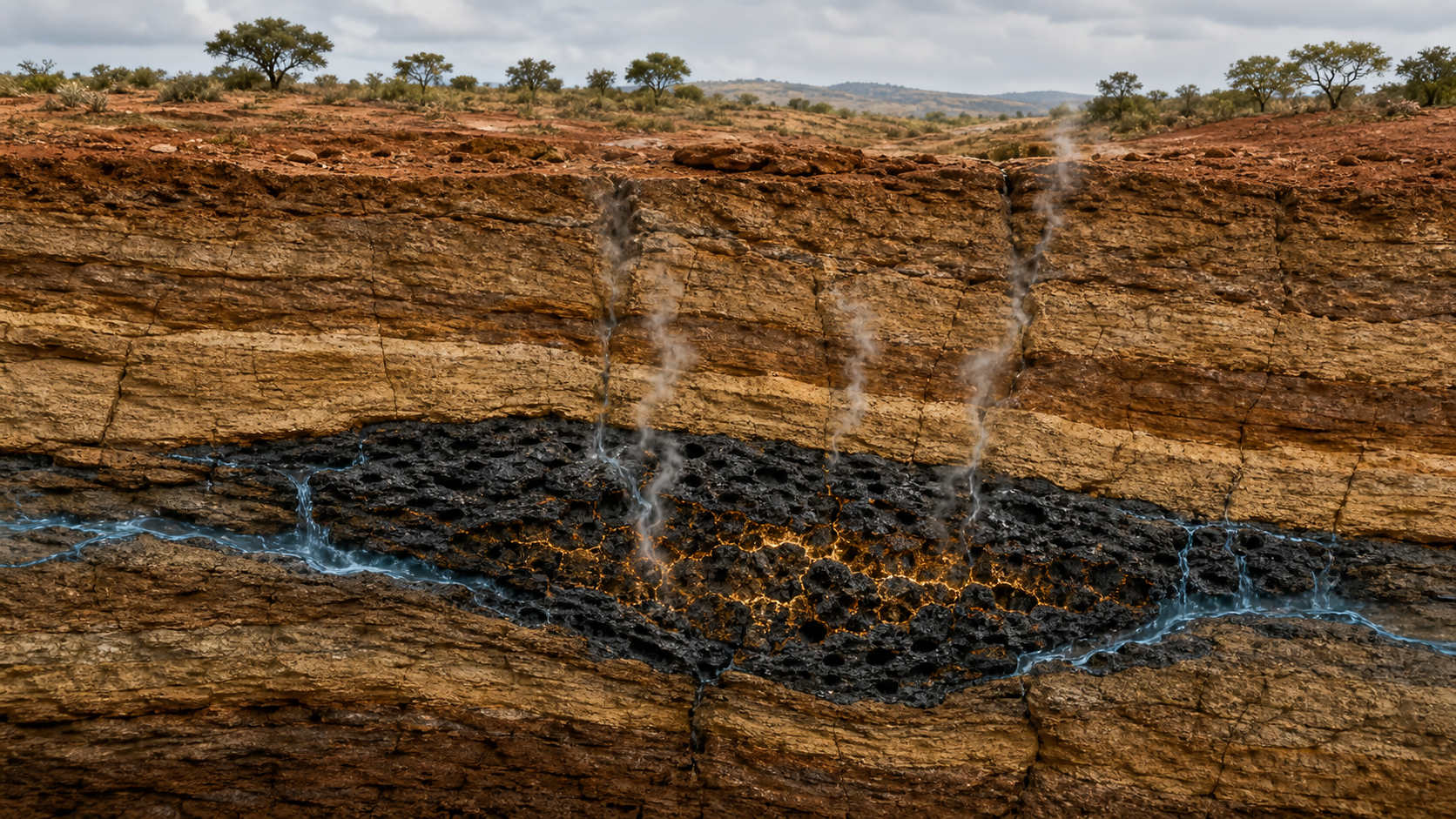 Geological cutaway showing groundwater entering a dark uranium-rich rock layer and steam rising through sandstone