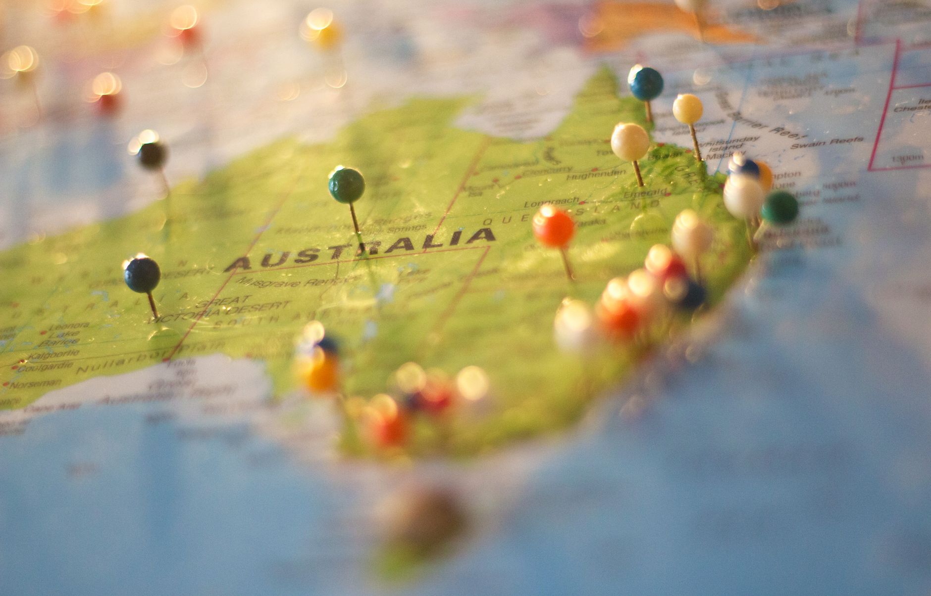 Close-up of a map of Australia marked with colored pins