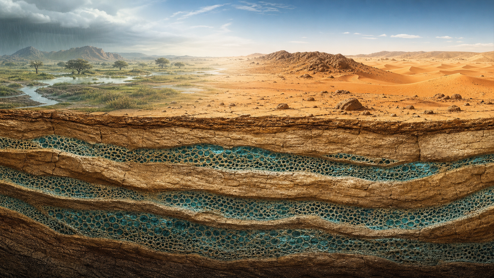 Scientific cutaway illustration showing fossil groundwater held in porous sandstone beneath the Sahara, with a past green landscape fading into modern desert