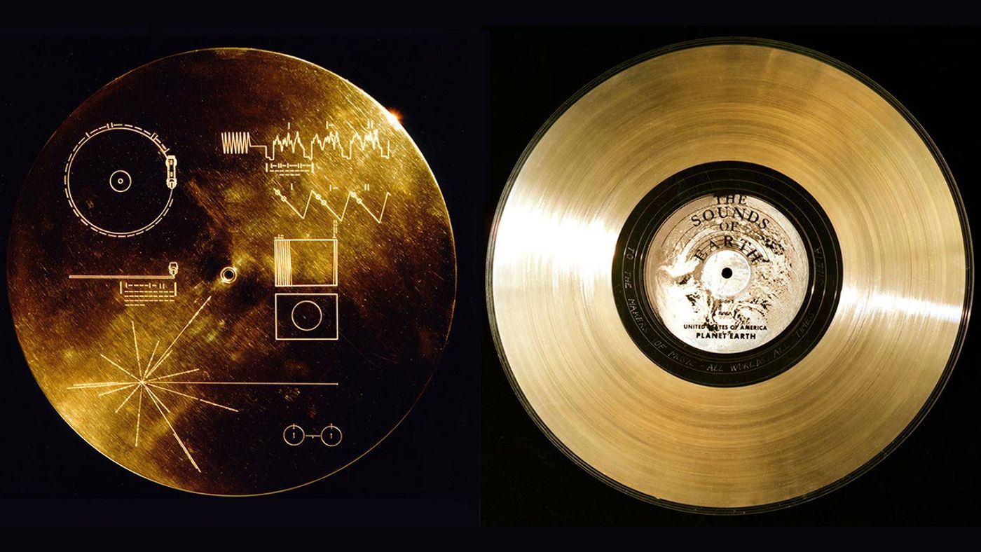 Voyager Golden Record with its protective cover and etched instructions
