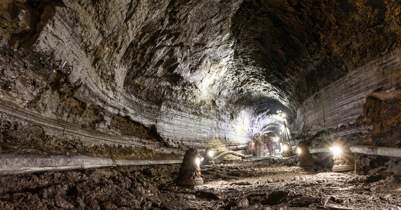 Illuminated interior of a large lava tube