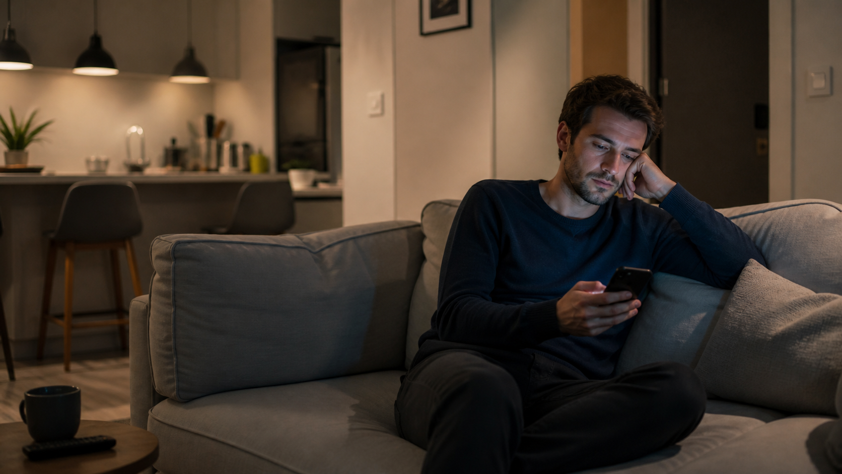 A man sits alone on a sofa in the evening while looking tiredly at his smartphone
