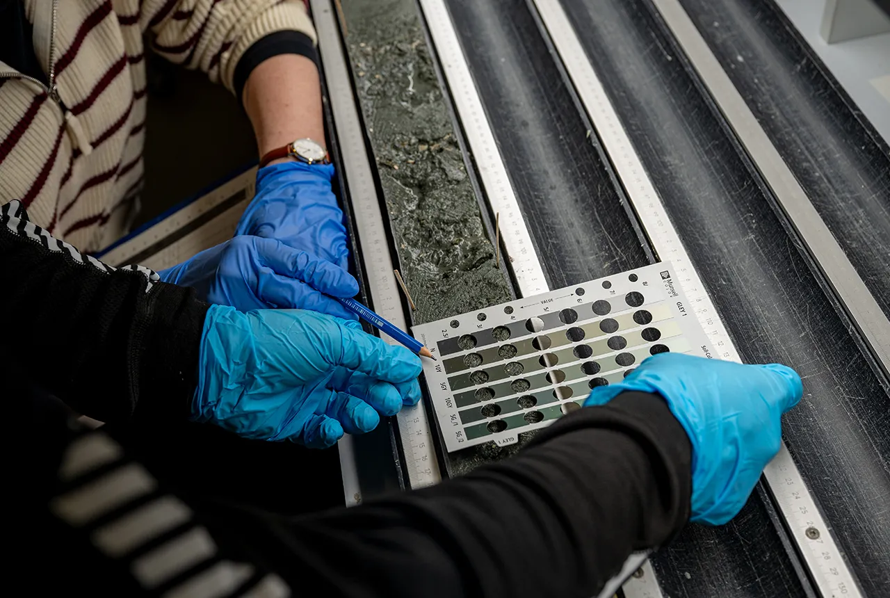 Researchers describe an Expedition 501 sediment core at the Bremen Core Repository
