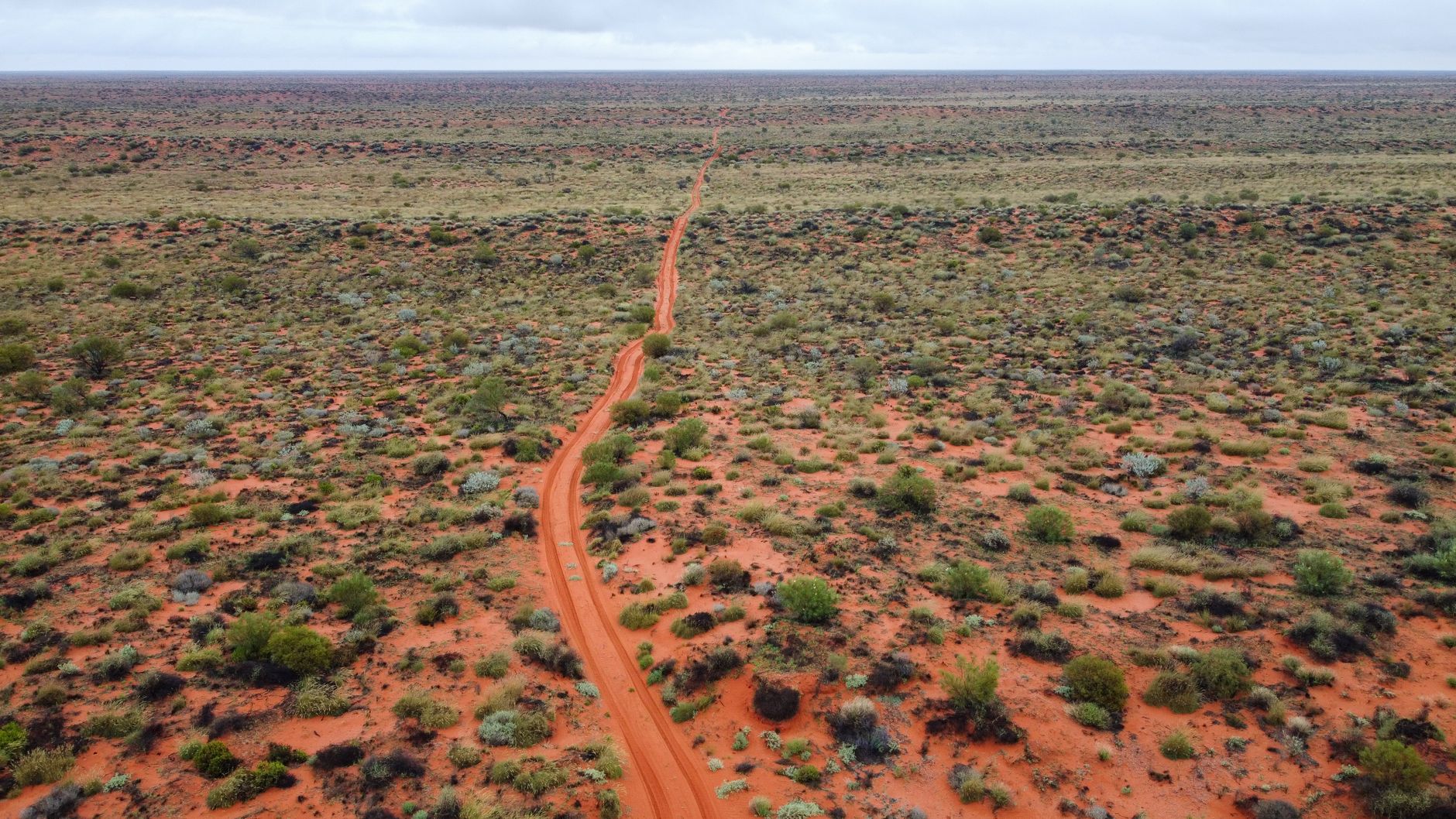 Aerial view of a red dirt road through an arid landscape