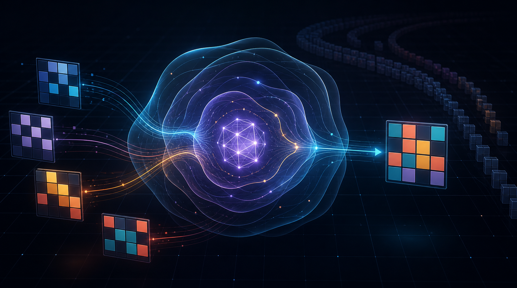 Conceptual illustration of abstract grid puzzles entering a recurrent latent reasoning system and a solved grid emerging