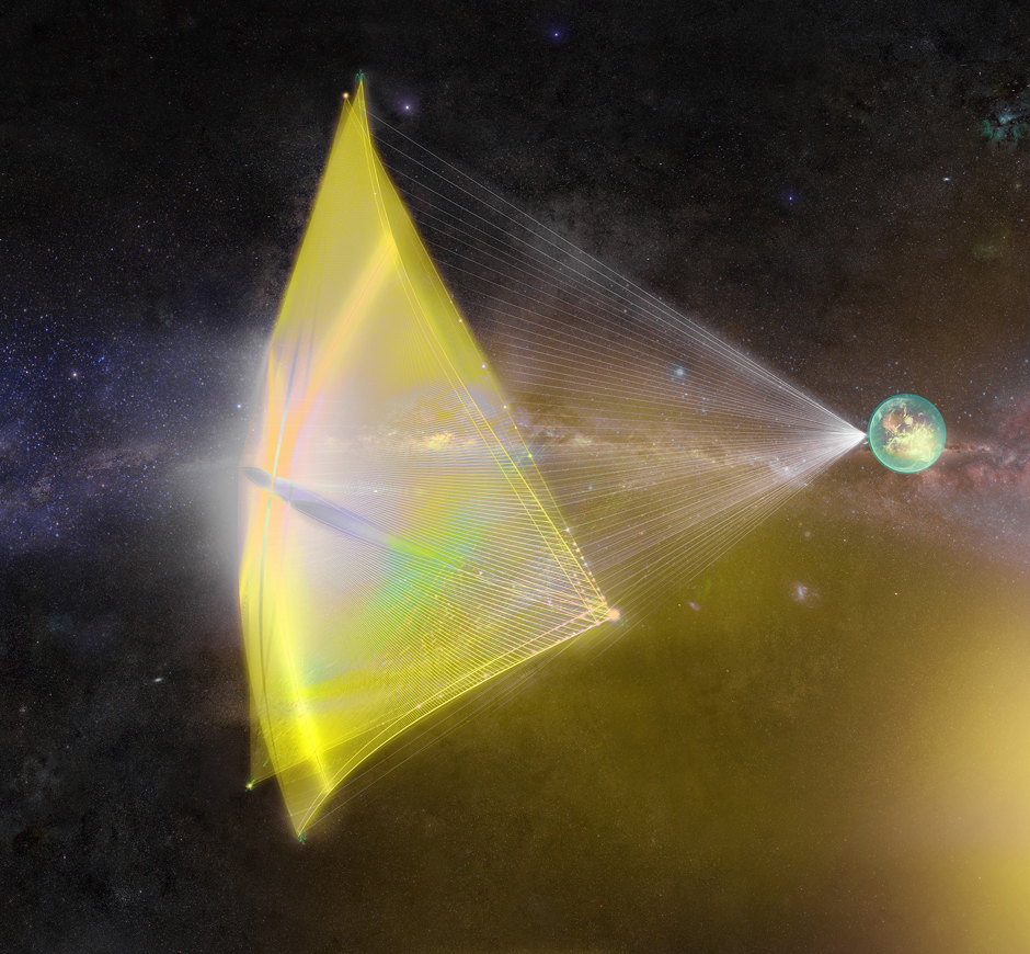 Concept illustration of a laser beam pushing a reflective lightsail through space