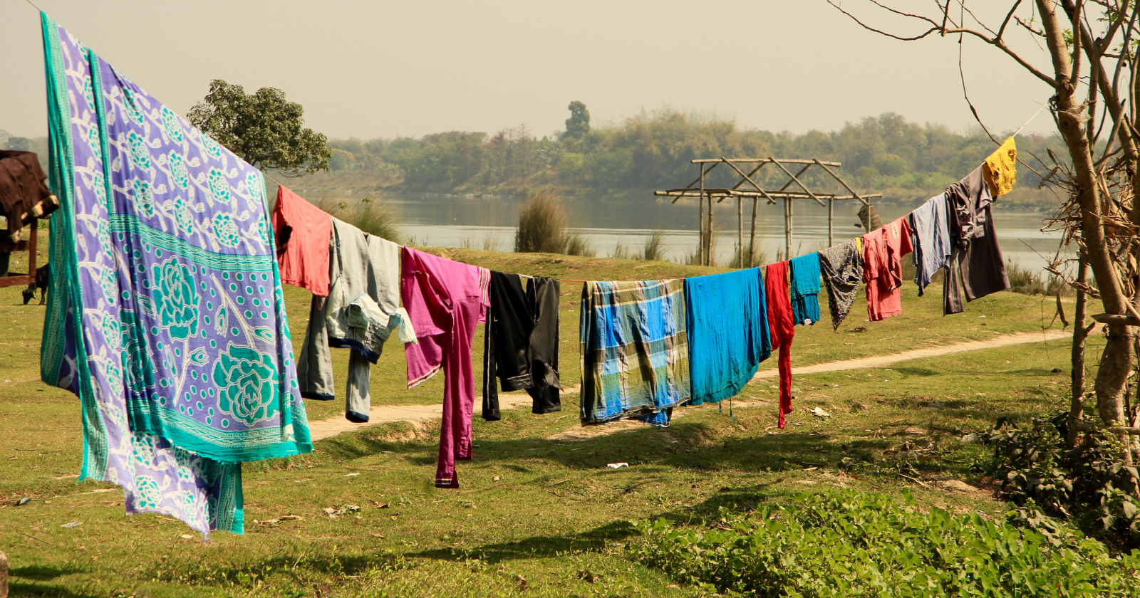 Colourful laundry hanging on an outdoor line