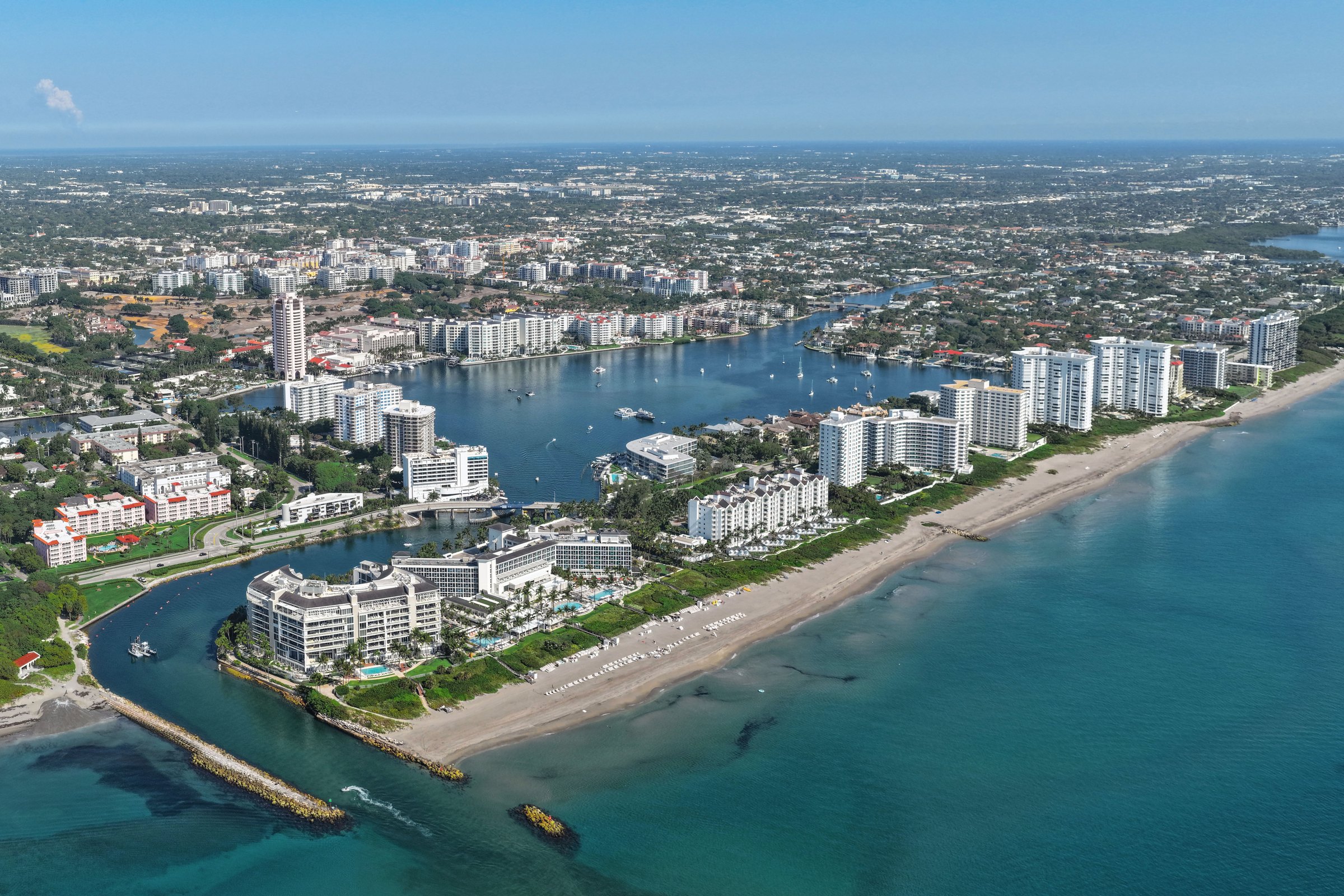 Aerial view of Boca Raton, Florida, with the Boca Raton Inlet, Lake Boca Raton and the Atlantic beachfront