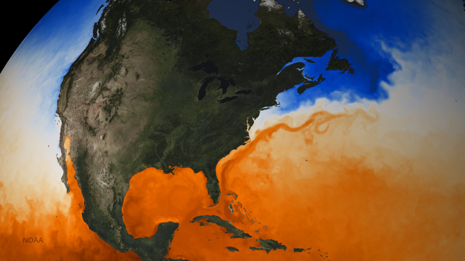 Sea surface temperature map showing the warm Gulf Stream running up the US East Coast and out across the Atlantic