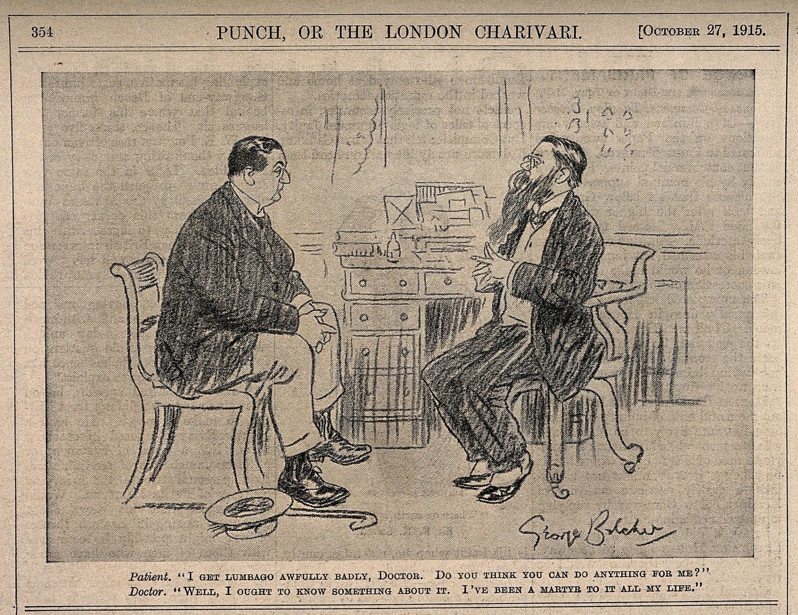 Punch cartoon from October 1915 by George Belcher: a stout patient and a long-bearded doctor sit facing each other on chairs beside a cluttered desk, discussing